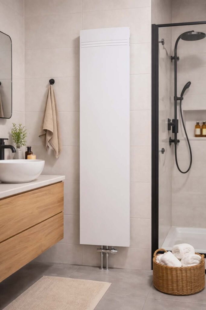 Deskový radiátor v koupelně – efektivní a rovnoměrné topení s moderním a jednoduchým designem vhodné pro každou koupelnu.