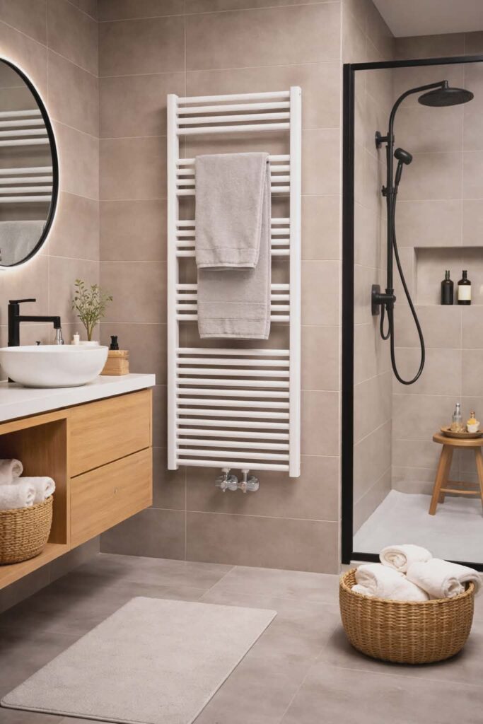 Koupelnový žebříkový radiátor – praktické vytápění a sušení ručníků v elegantním a odolném designu vhodném do vlhkého prostředí.
